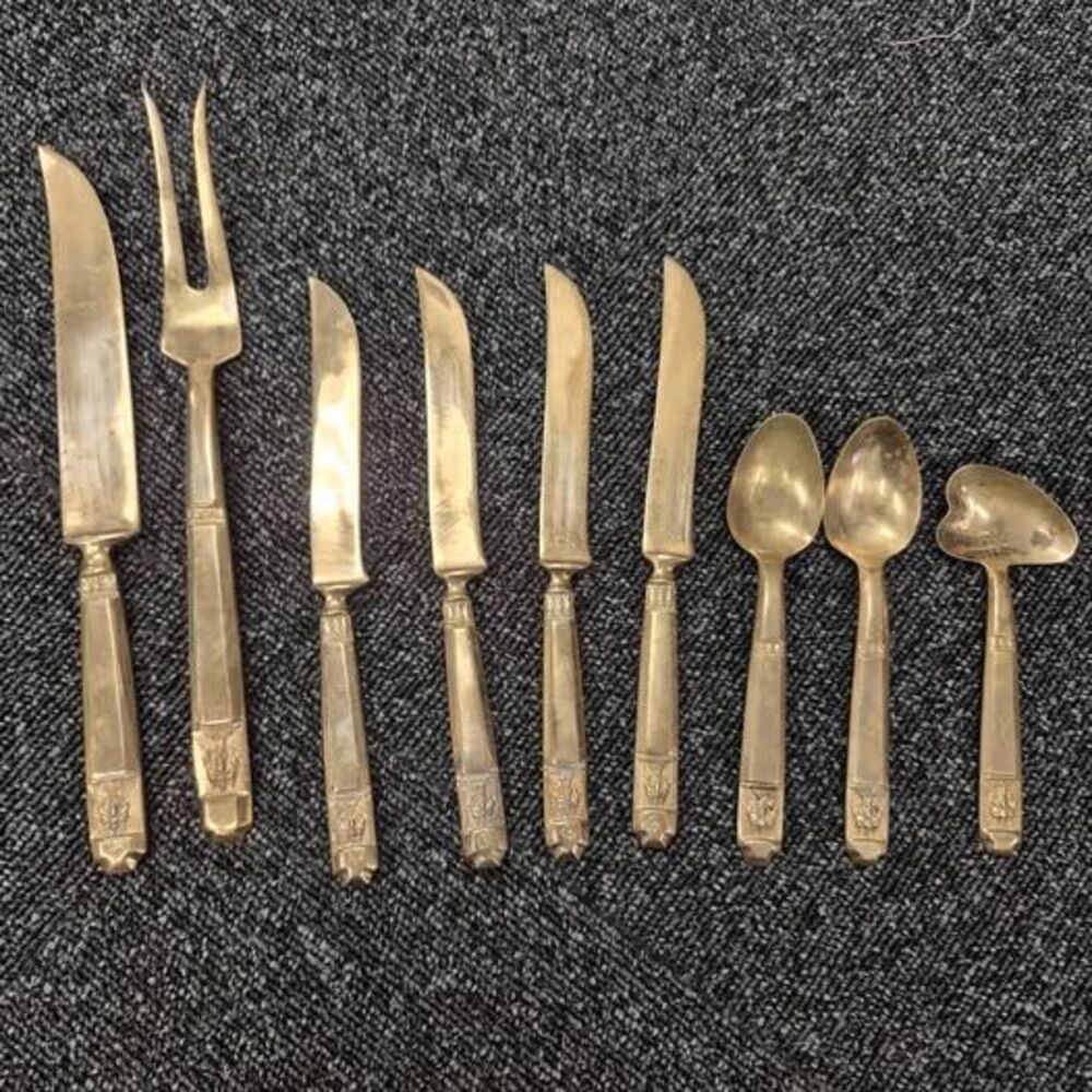 Vintage Siam Thailand Brass Bronze Flatware Set 9 Pc Erawan 3-Headed Elephant